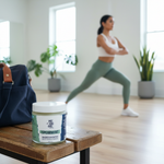 Spearmint Magnesium Butter on gym bag in yoga studio with Latina woman stretching post-workout in background