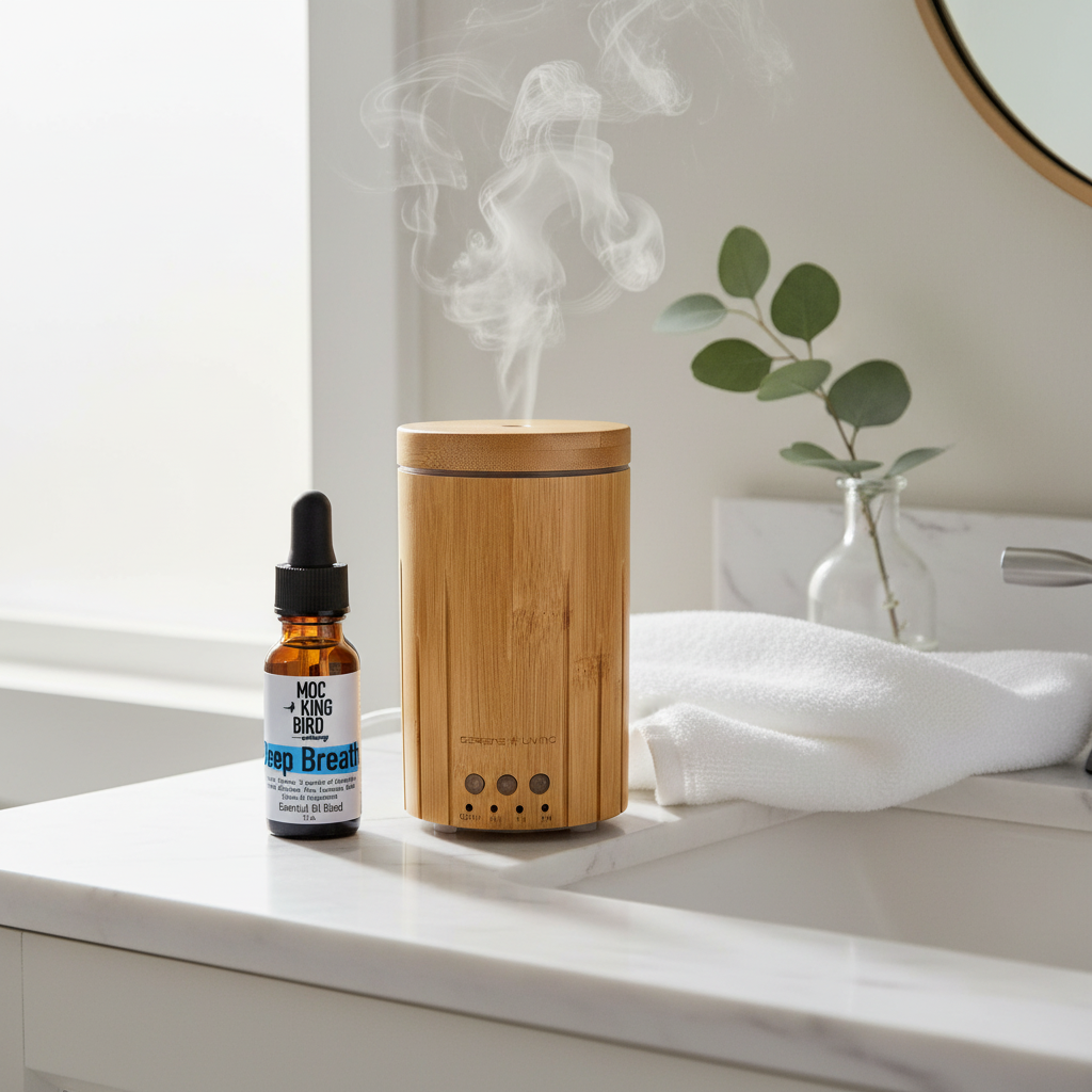 Deep Breath Essential Oil Blend – lifestyle with Bamboo Diffuser on morning bathroom vanity with eucalyptus and marble