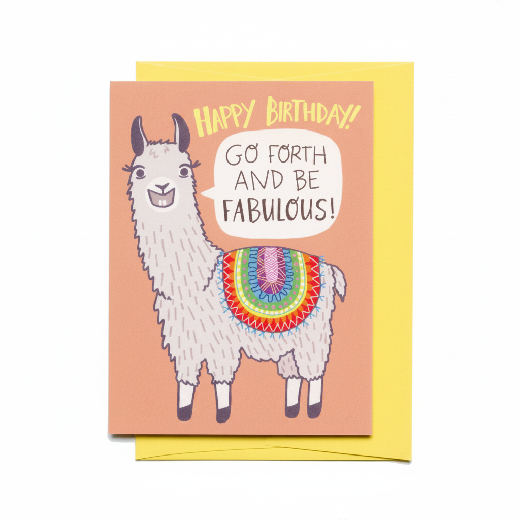 Funny llama birthday card propped upright with yellow envelope on clean white surface