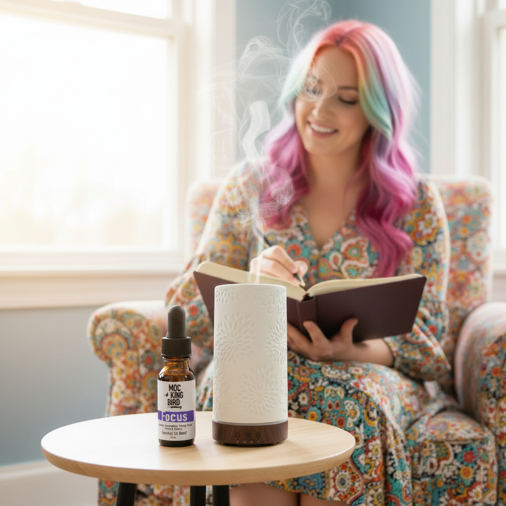 Focus Essential Oil Blend – lifestyle with Joy Flower Diffuser, soft blue wall, woman with colorful hair and dress