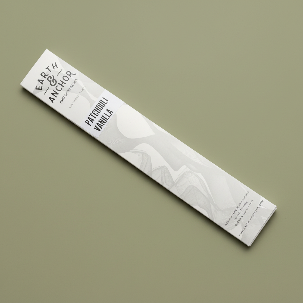 Patchouli Vanilla incense sleeve by Earth & Anchor on muted olive sage green background