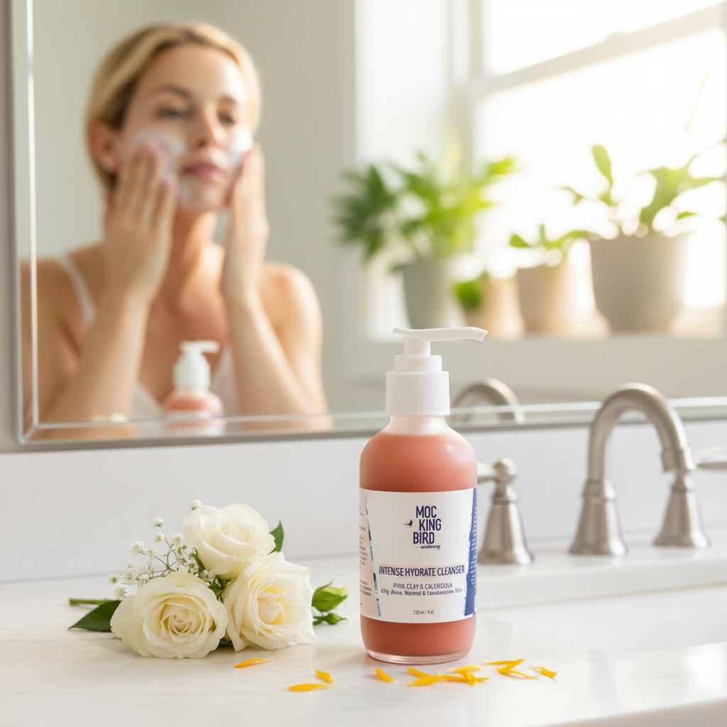 Pink Clay & Calendula Cleanser on bathroom vanity with woman applying cleanser in soft morning light with botanical plants