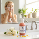 Pink Clay & Calendula Cleanser on bathroom vanity with woman applying cleanser in soft morning light with botanical plants