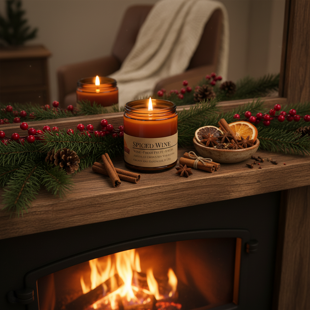 Spiced Wine candle on holiday fireplace mantle with pine branches, red berries and cinnamon sticks