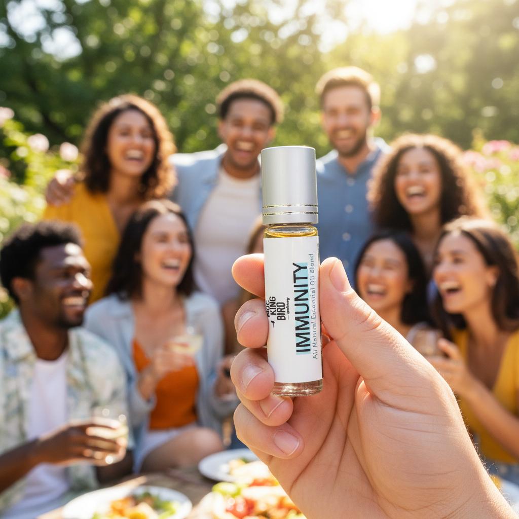 Immunity rollerball held up with diverse group of friends at outdoor gathering in background