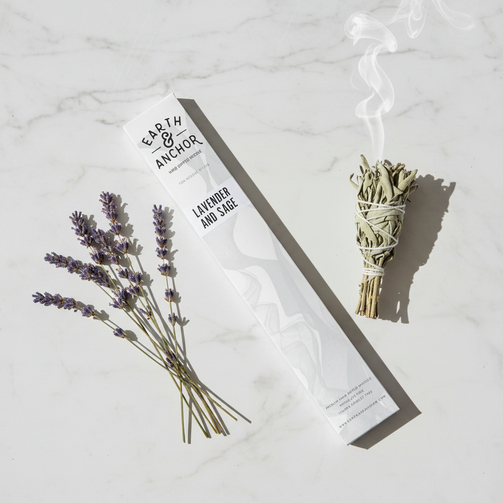 French Lavender & White Sage incense lifestyle flat lay with dried lavender sprigs and white sage bundle on white marble