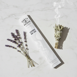 French Lavender & White Sage incense lifestyle flat lay with dried lavender sprigs and white sage bundle on white marble