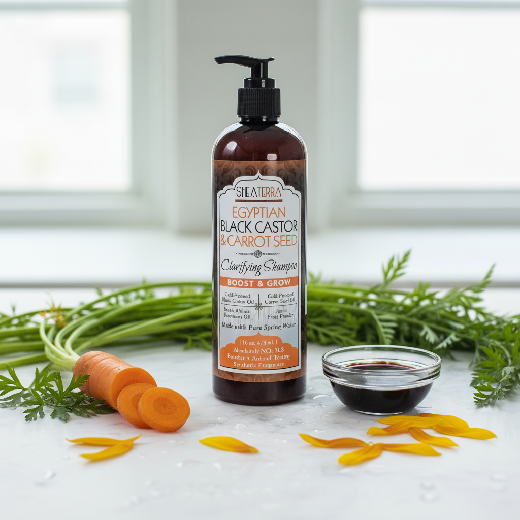 Egyptian Black Castor & Carrot Seed Clarifying Shampoo lifestyle with fresh carrots, black castor oil and sunflower petals on white marble