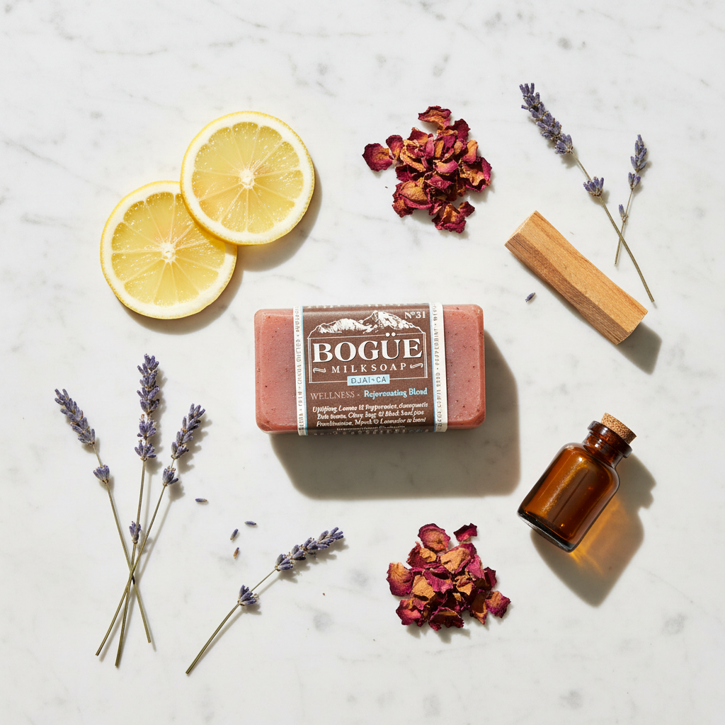 Bogüe Milk Soap No.31 Rejuvenating Blend – lifestyle flat lay with lavender, palo santo and lemon