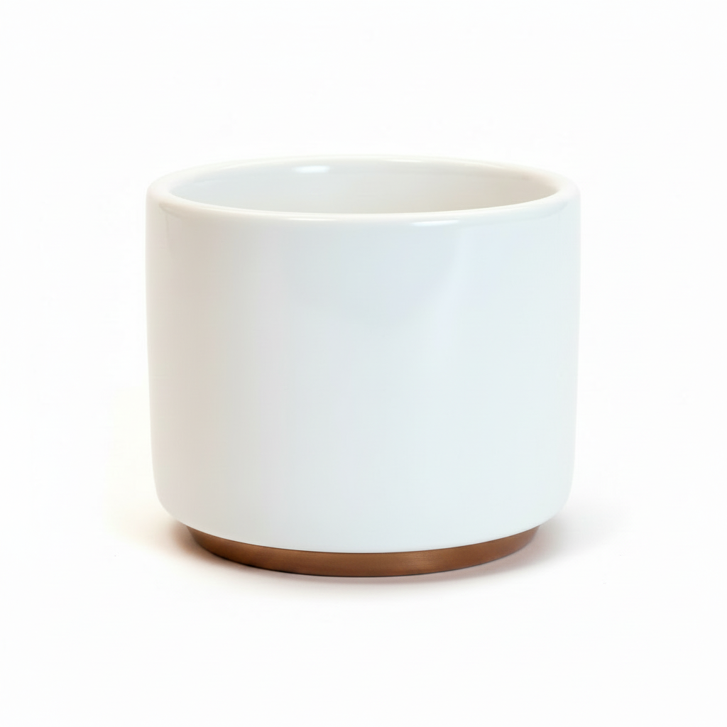 Fellow Monty double wall ceramic cappuccino cup in white with bronze base ring on white background