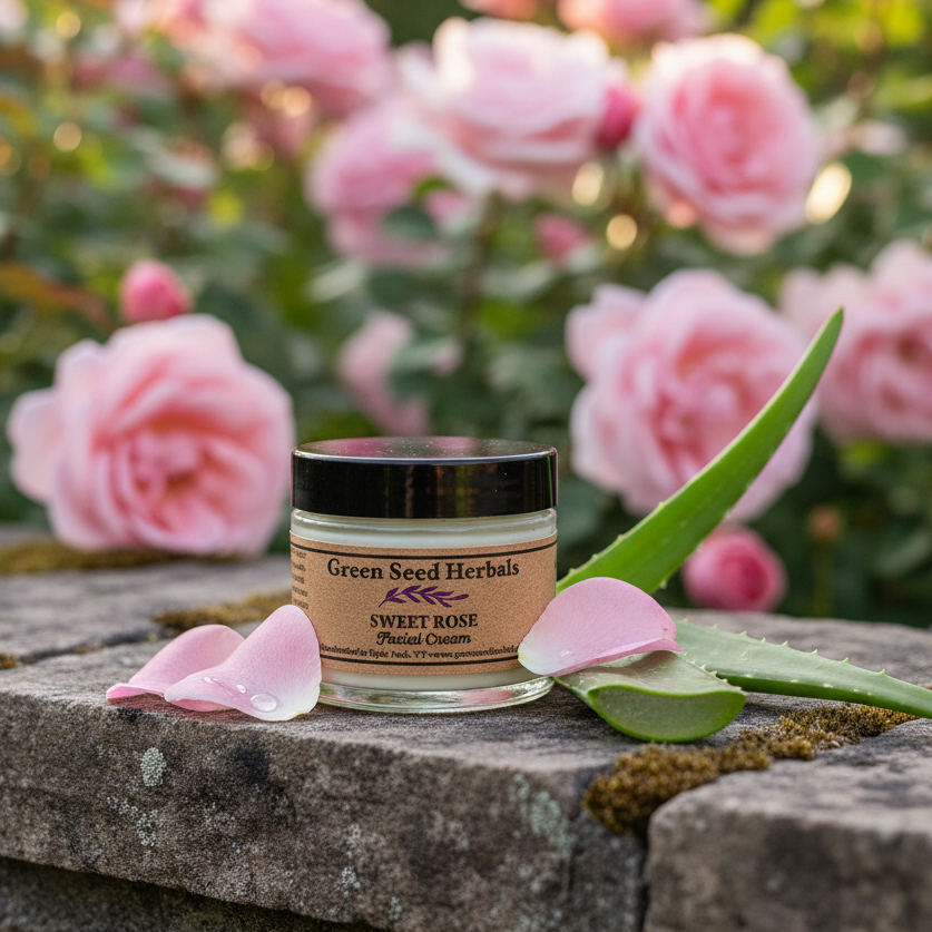 Sweet Rose Soothing Moisture Face Cream on garden stone wall with rose garden and fresh rose petals