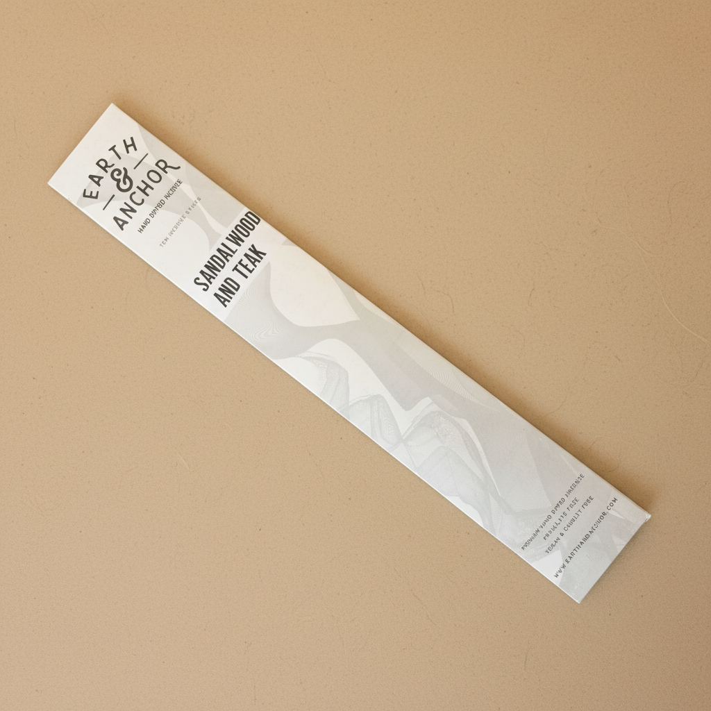 Sandalwood and Teak incense sleeve by Earth & Anchor on warm earthy tan greige background
