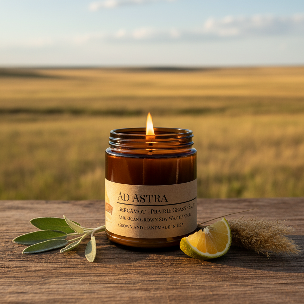 Ad Astra candle lit on rustic wooden surface with sage sprigs, prairie grass and bergamot