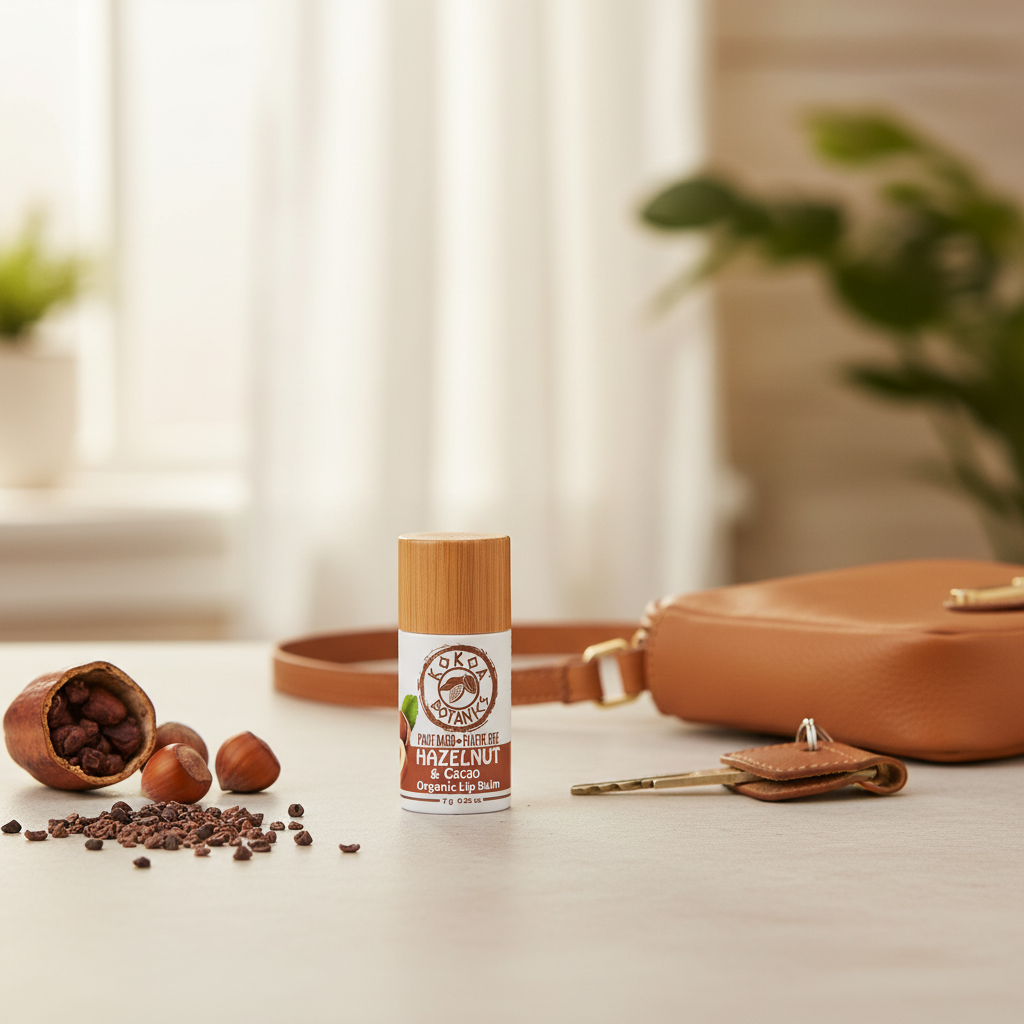 Hazelnut & Cacao Lip Balm lifestyle with purse, keys, hazelnuts and cacao nibs on countertop