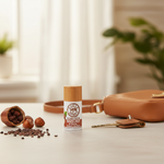 Hazelnut & Cacao Lip Balm lifestyle with purse, keys, hazelnuts and cacao nibs on countertop