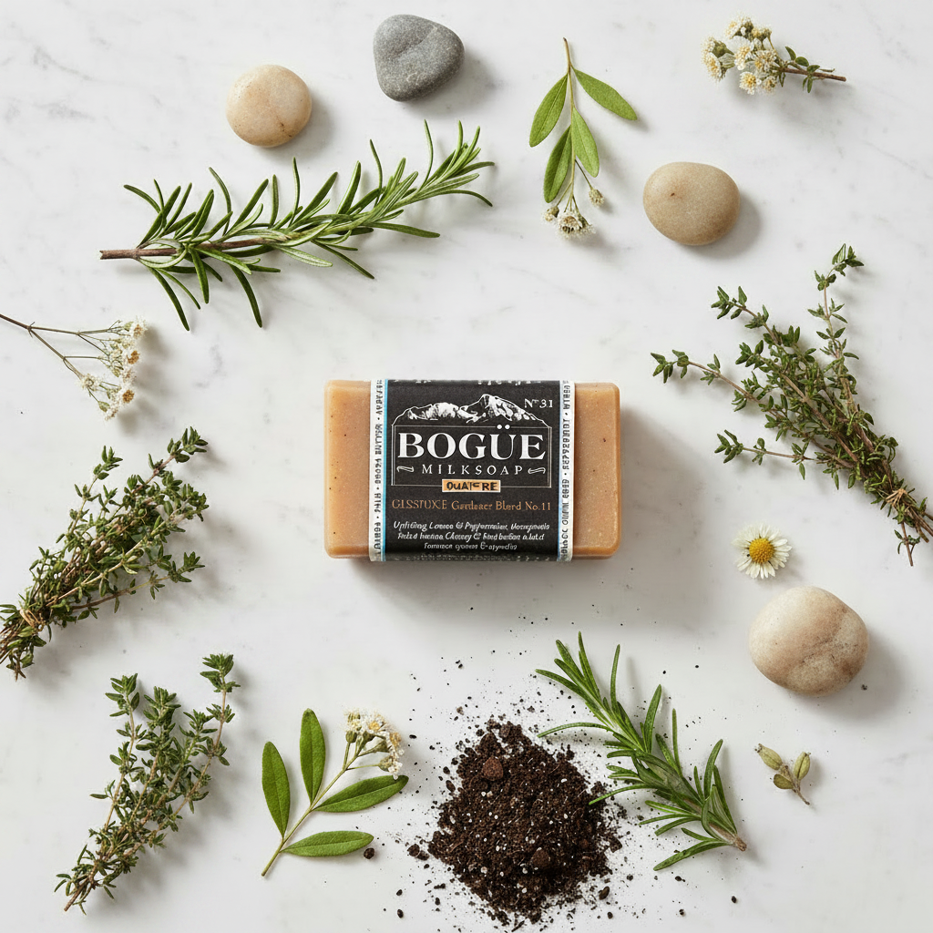 No.11 BESPOKE Gardener Blend Goat Milk Bar Soap – lifestyle flat lay with herbs, botanicals and river stones