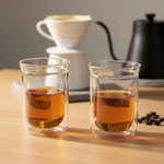 Fellow Stagg double wall tasting glasses filled with golden pour over coffee on wood surface with pour over set in background