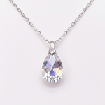 Crystal AB teardrop pendant necklace on silver chain, clean white background