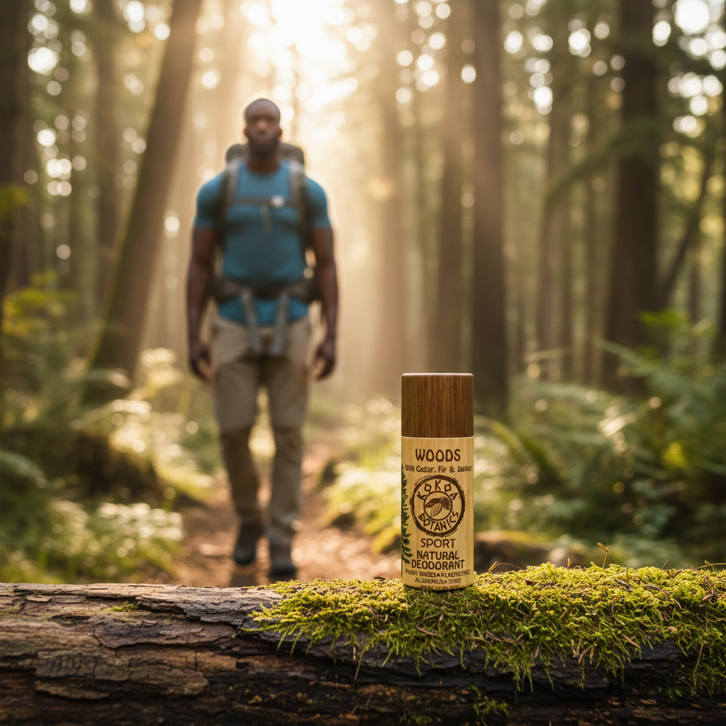 Woods deodorant on forest log with Black man hiking on trail in background