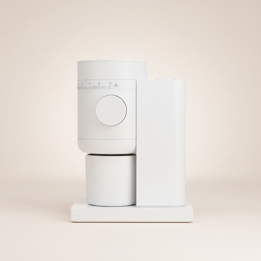 Fellow Opus matte white conical burr coffee grinder on warm off-white background, clean studio hero shot