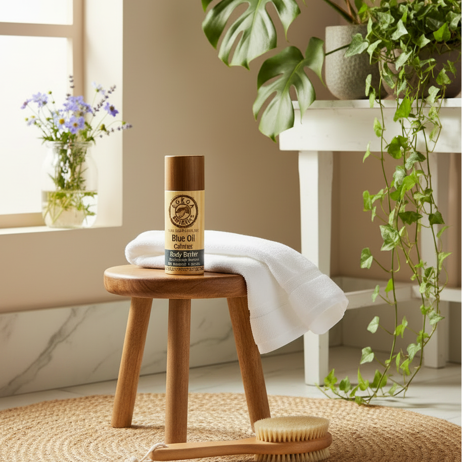 Blue Oil Calming Body Butter Stick lifestyle in luxury bathroom with wooden stool, woven rug, towel, dry brush, plants and glass jar of flowers
