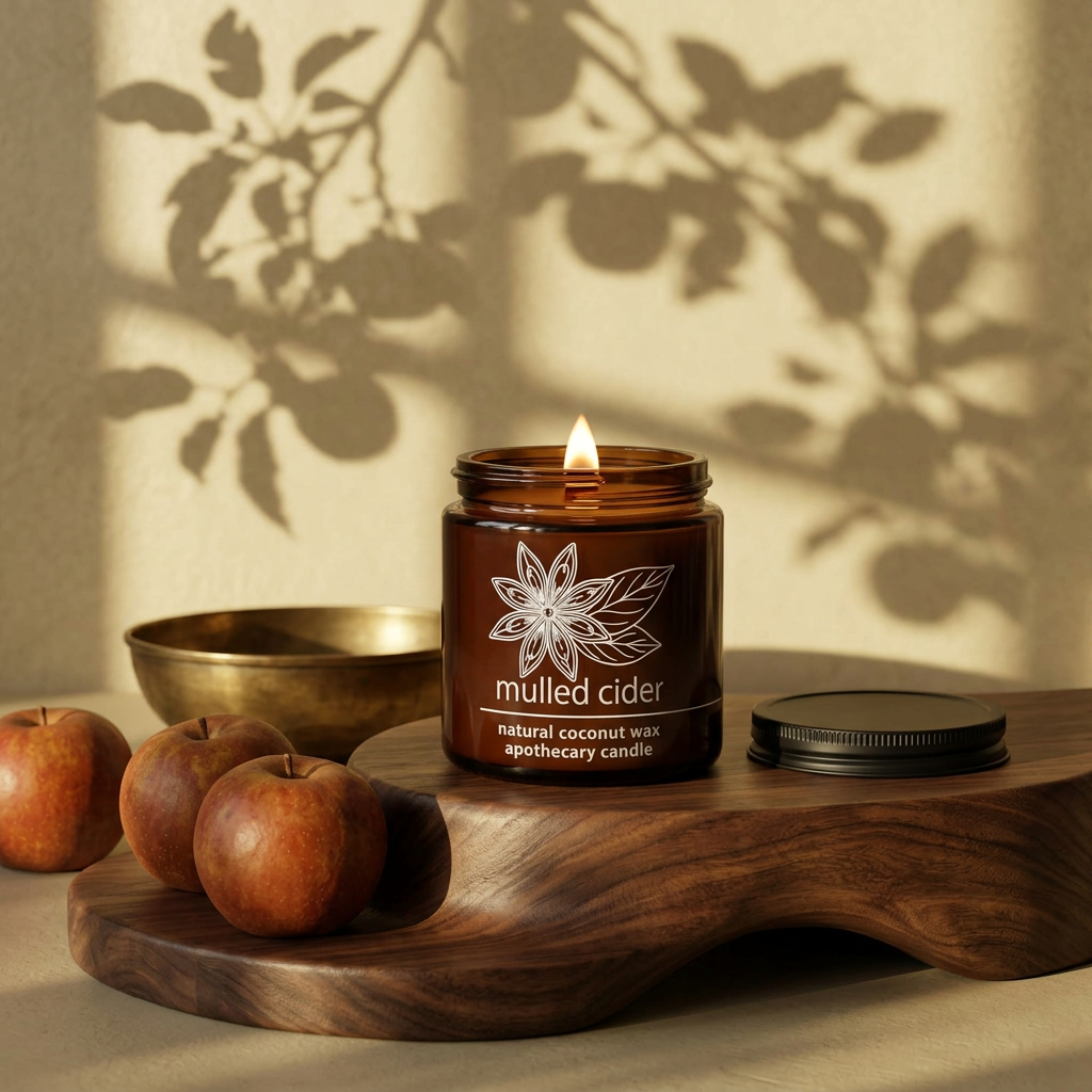 Mulled Cider amber candle on a walnut riser with apples and an antique brass bowl in golden autumn light