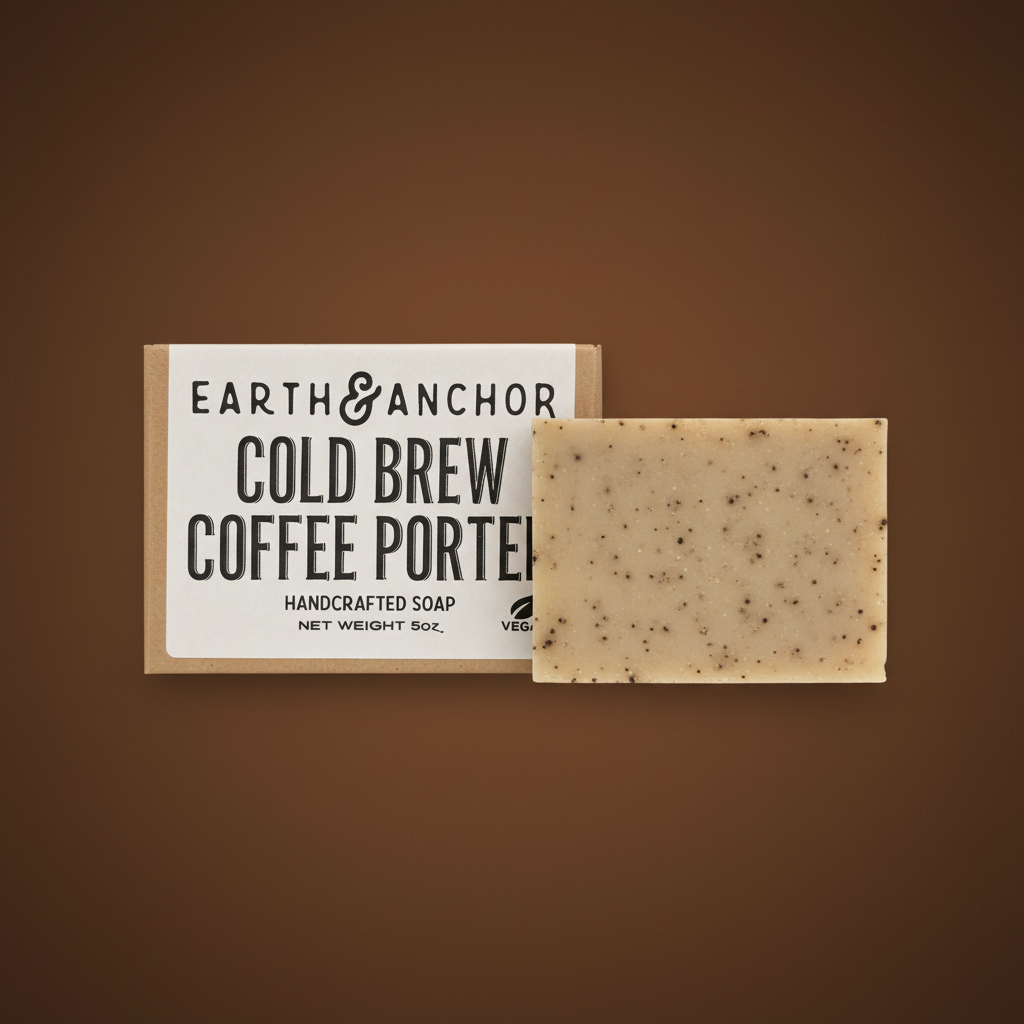 Cold Brew Coffee Porter vegan bar soap by Earth & Anchor on warm espresso dark coffee brown background
