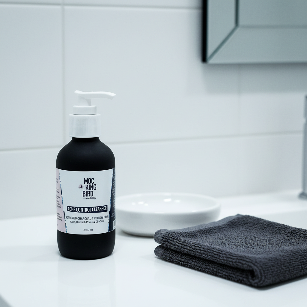Activated Charcoal & Willow Bark Cleanser on clean white bathroom counter with charcoal grey towel, minimal shelfie