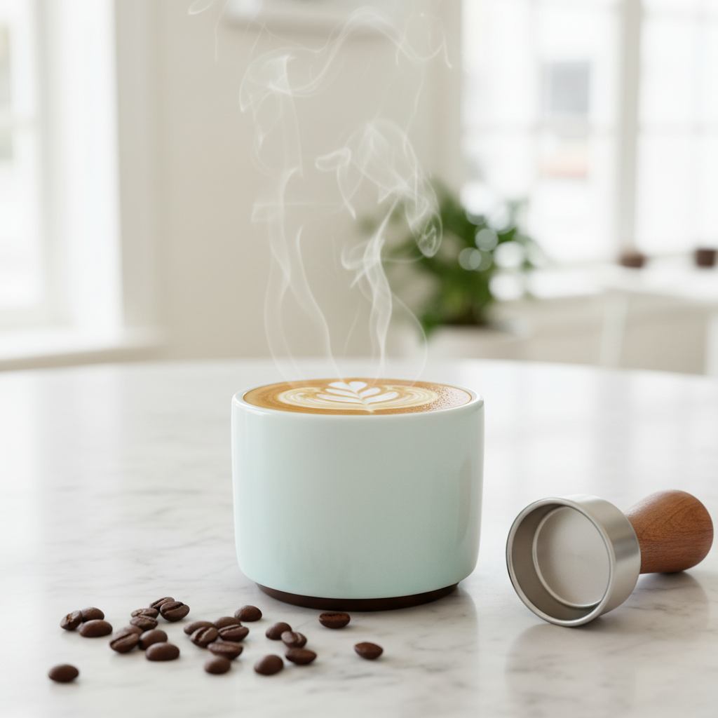 Fellow Monty double wall ceramic cappuccino cup with latte art rosette on marble surface with coffee beans