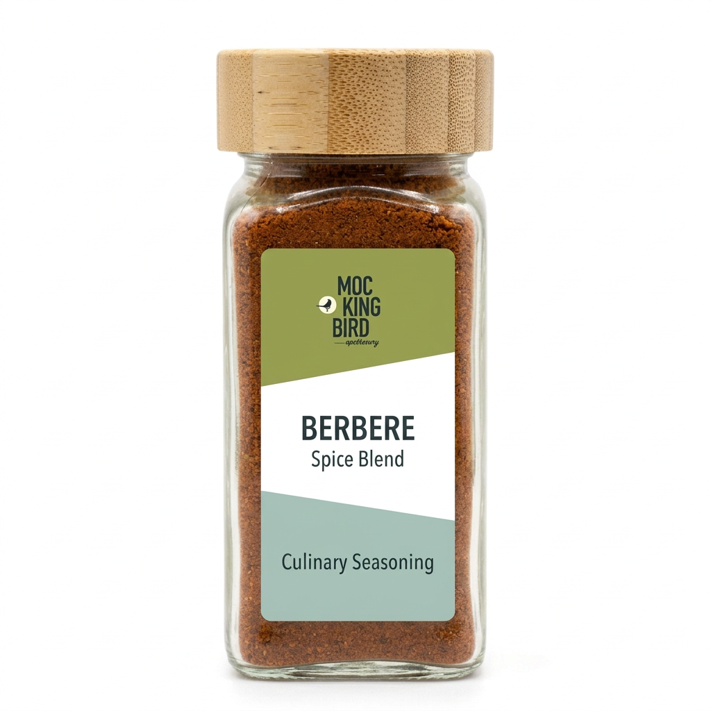 Illustrative Mockingbird Berbere spice blend jar with bamboo lid and olive-green, white and pale sage-blue label on a white background.