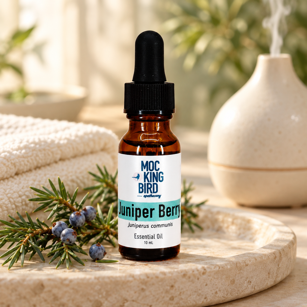 Juniper Berry Essential Oil bottle in a spa setting