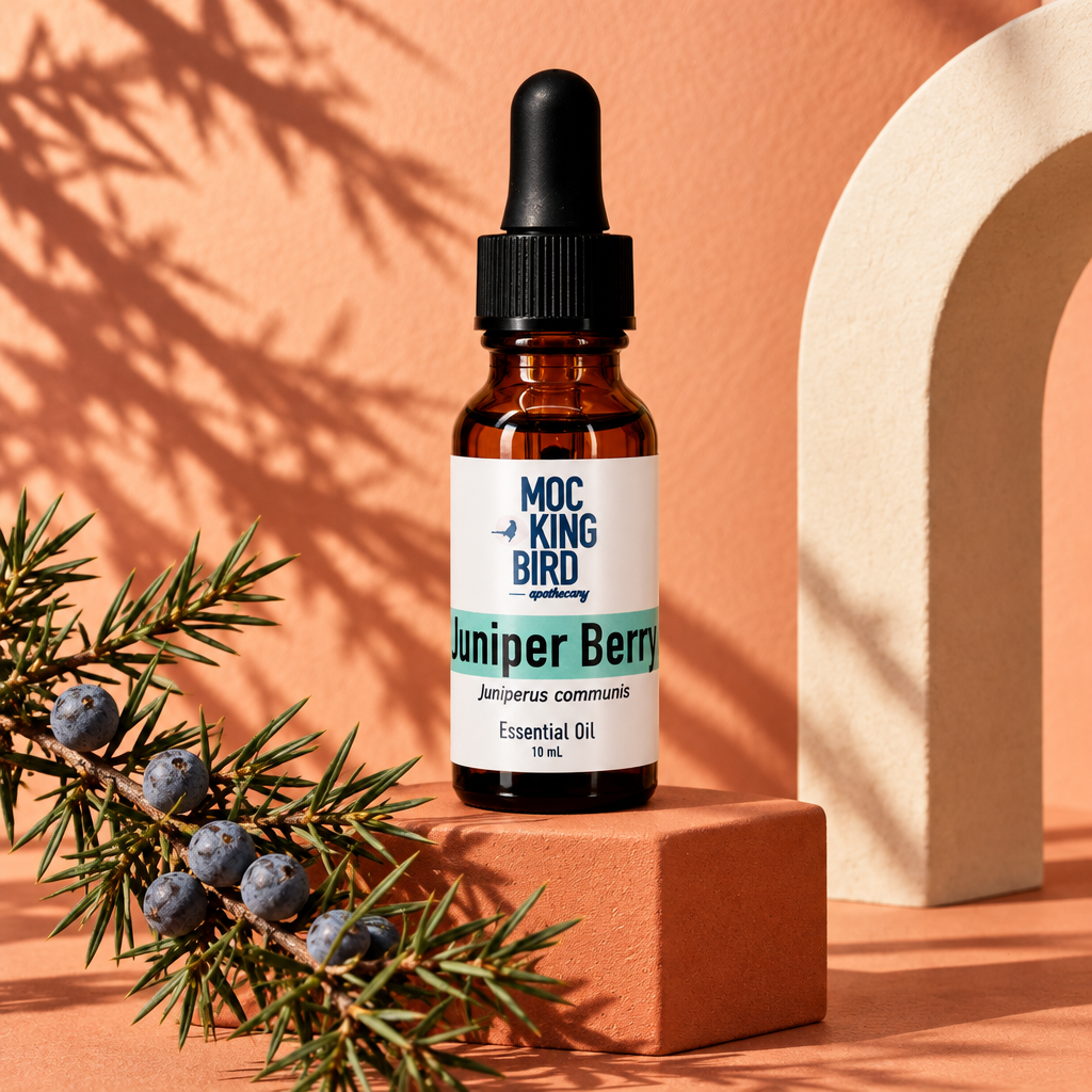 Juniper Berry Essential Oil in a sculptural terracotta botanical setting