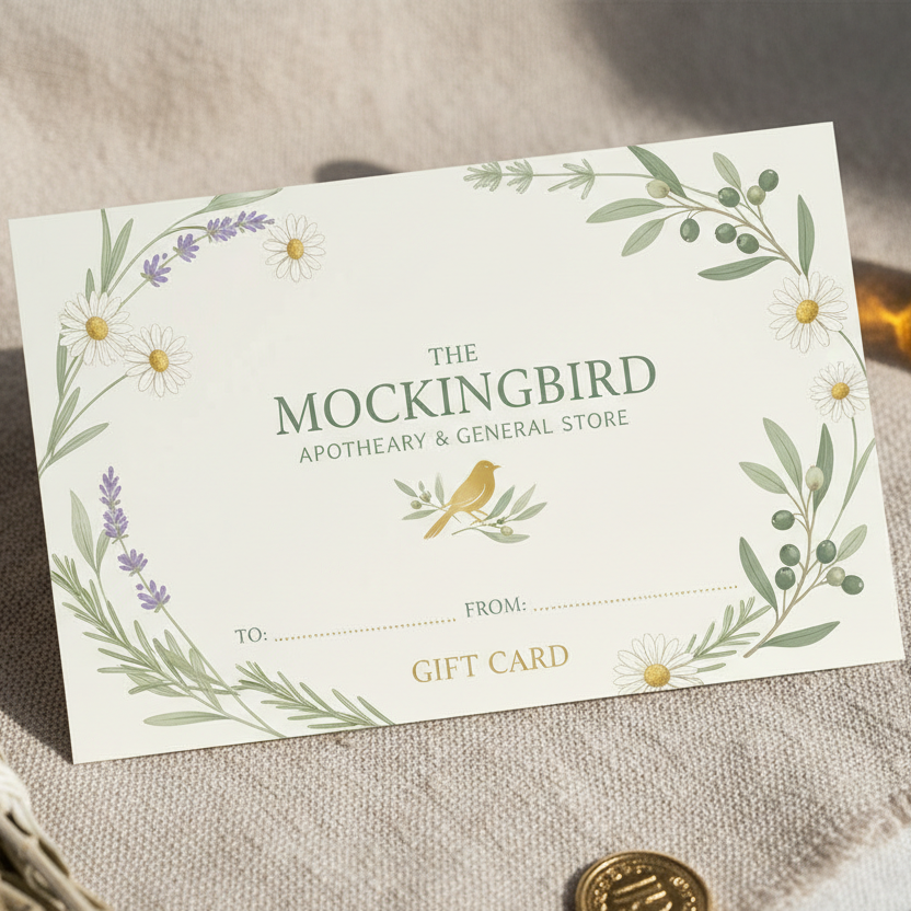 Gift card from 'The Mockingbird Apothecary & General Store' on a textured surface with decorative items.