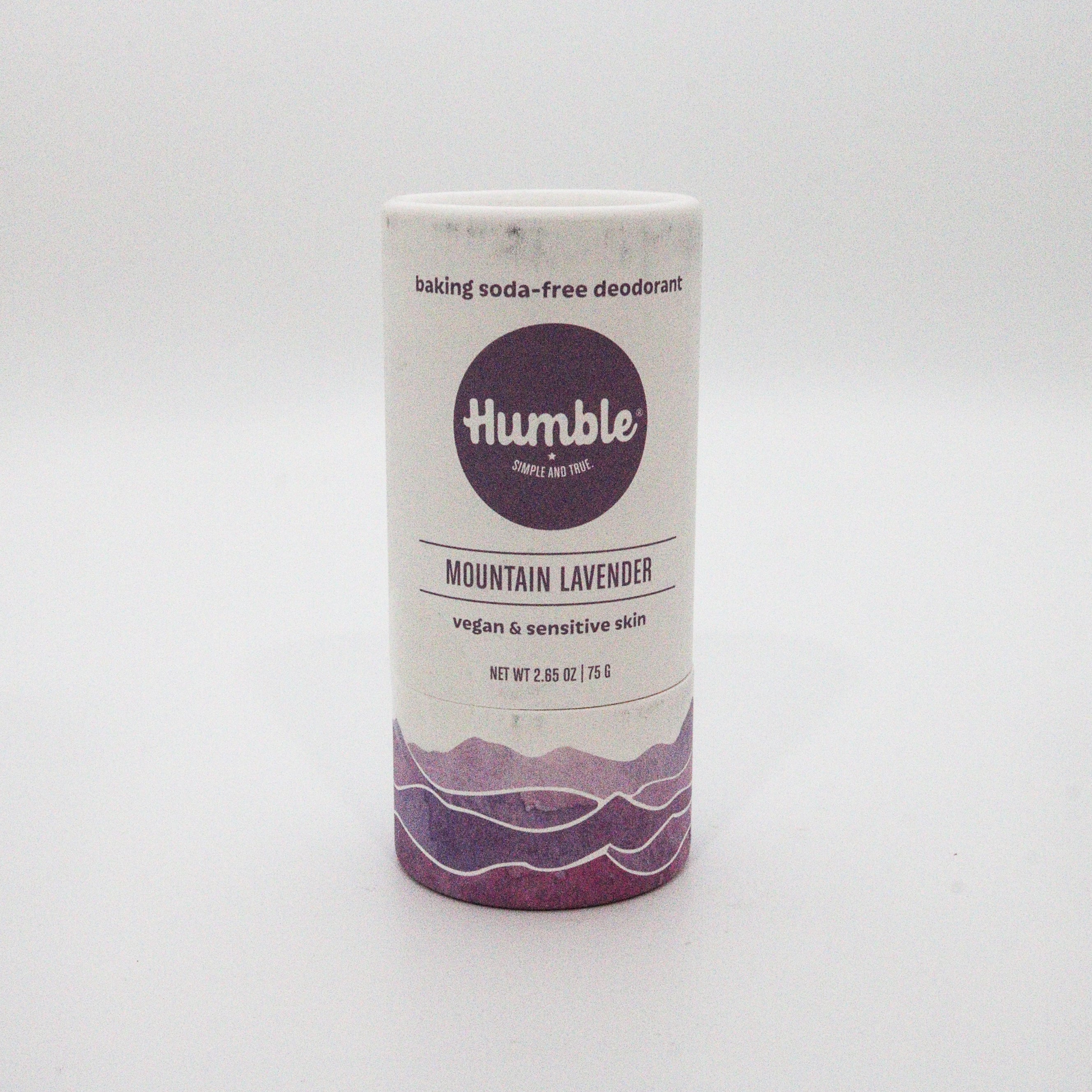 Humble deodorant stick with mountain lavender scent on a white background