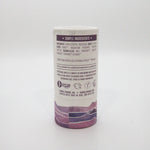 Cylindrical container with purple and white label on a light gray background