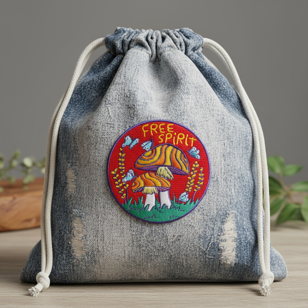 Mushroom Patch Sewn on Distressed Denim Bag