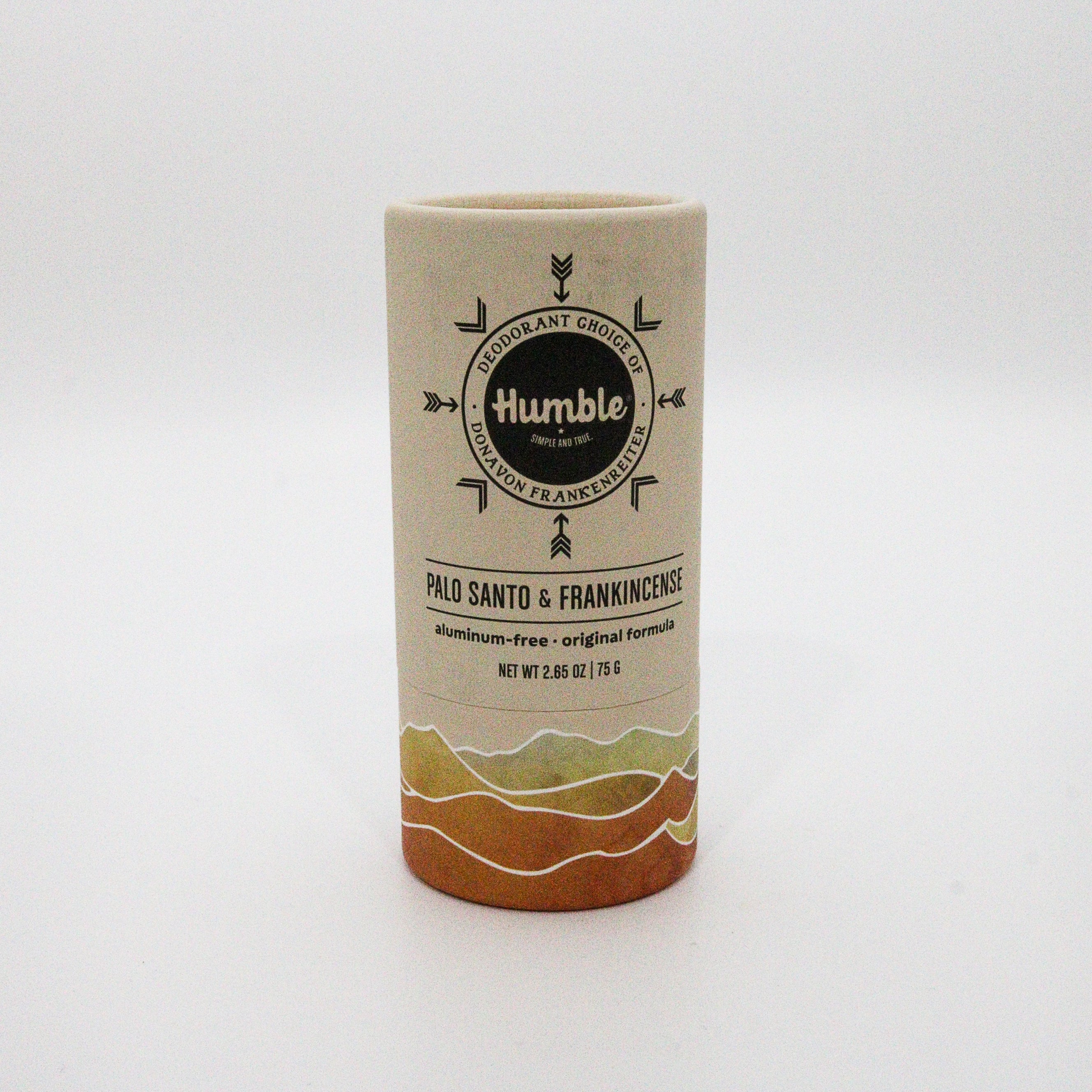 Cylindrical container of palo santo & frankincense deodorant with 'Humble' branding on a white background