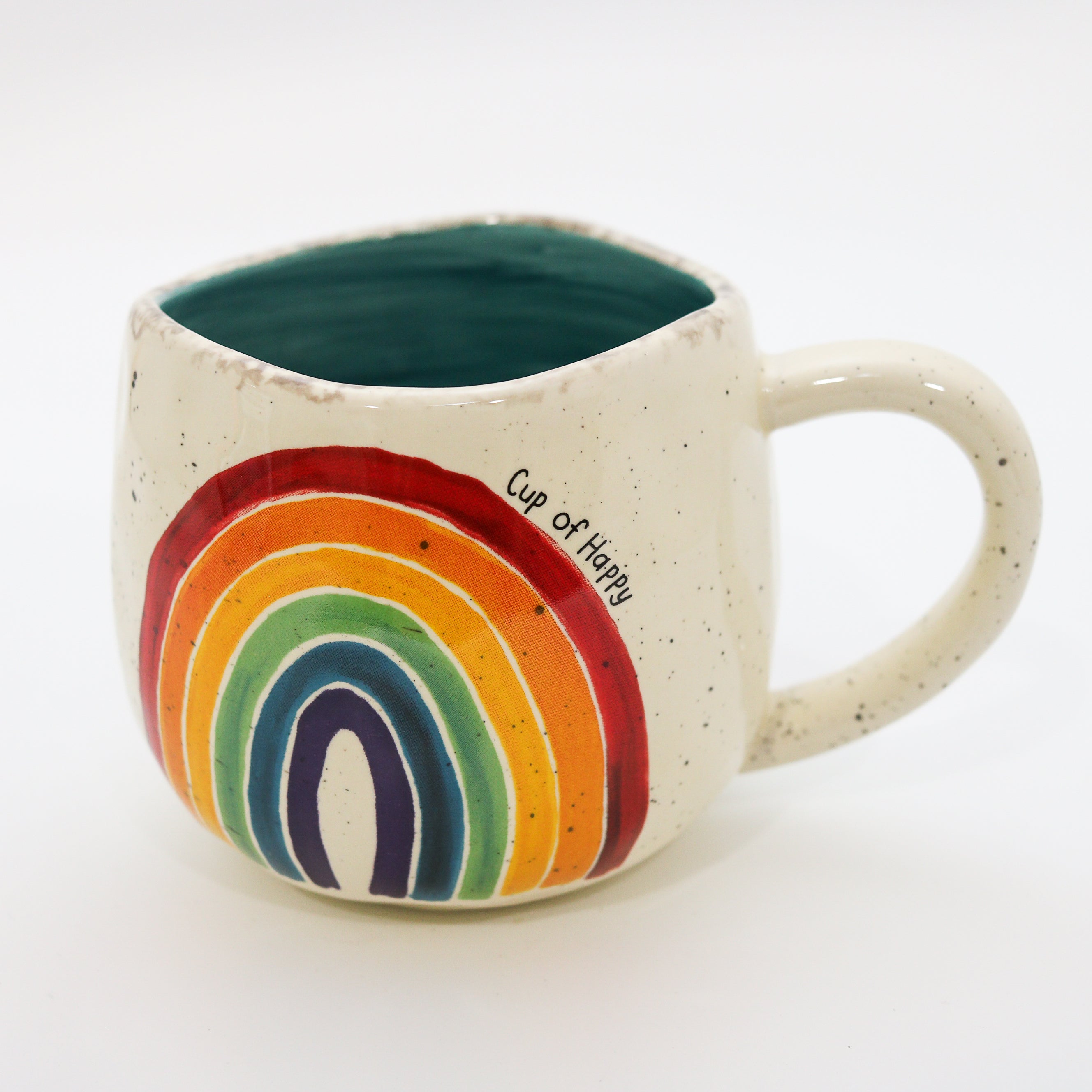 Ceramic mug with rainbow design and 'Cup of Happy' text on a white background