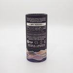 Cylindrical container with a back label on a white background