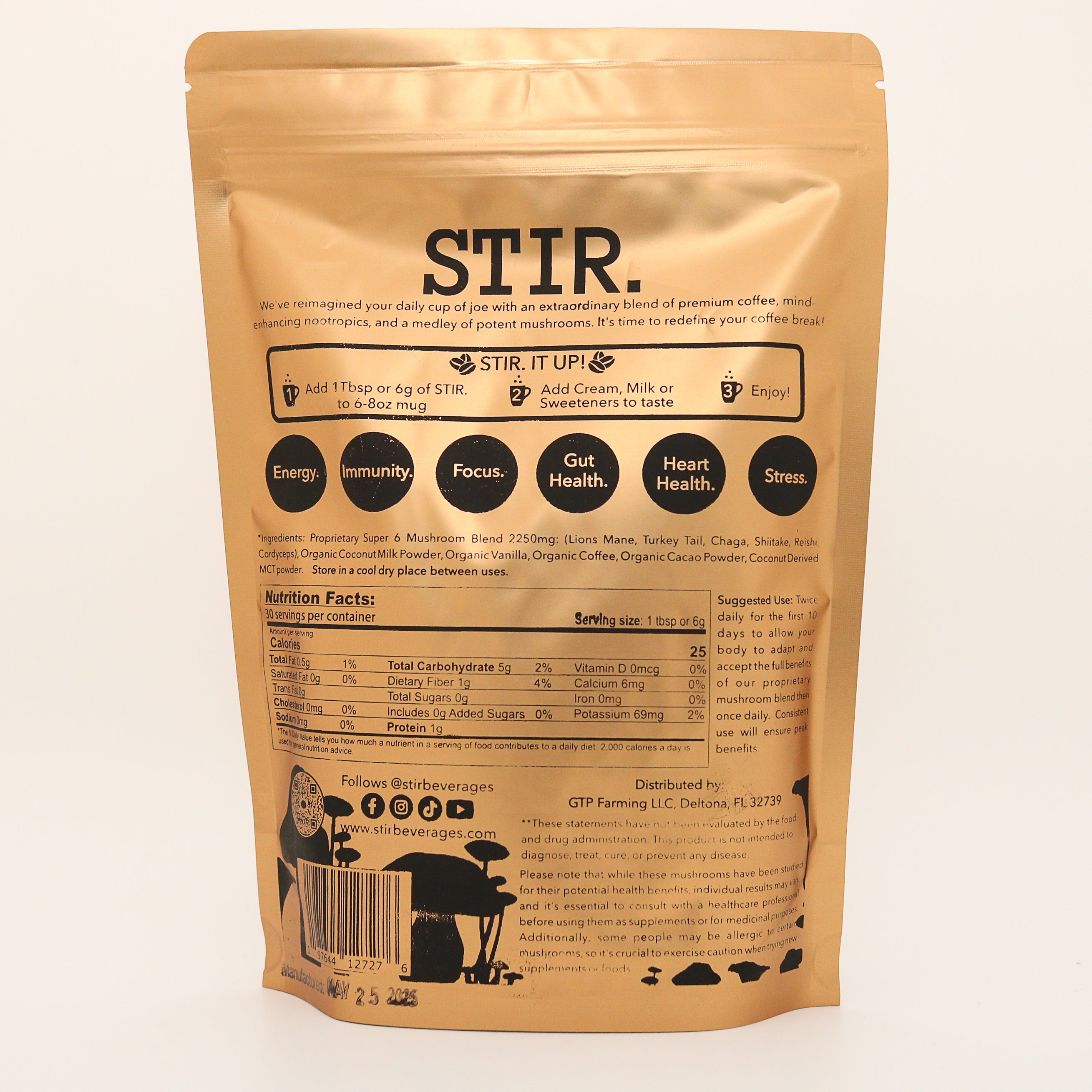 Stir package with branding and product details on a beige background