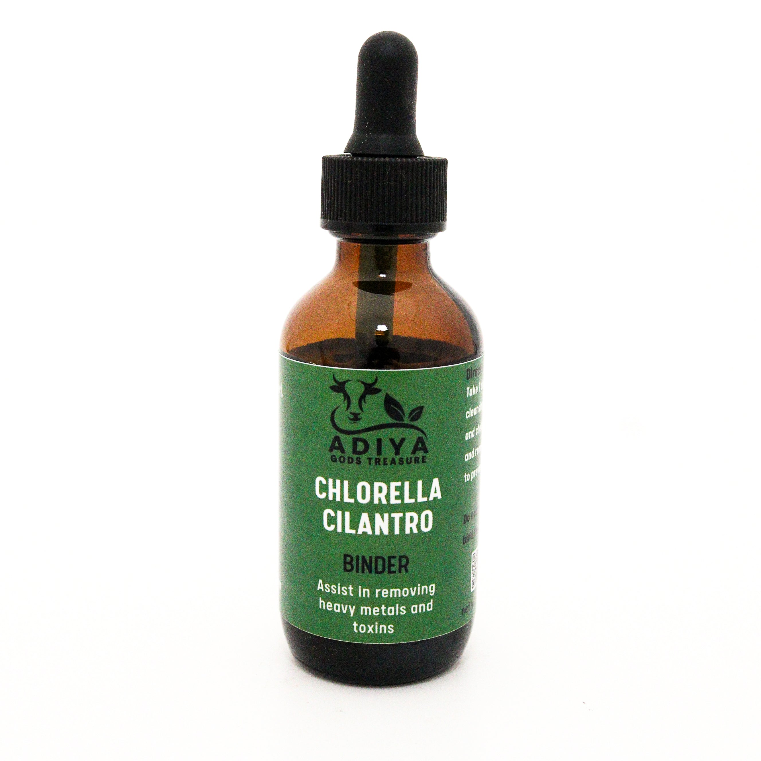 dropper tincture bottle of  Adiya Chlorella Cilantro Binder on a white background