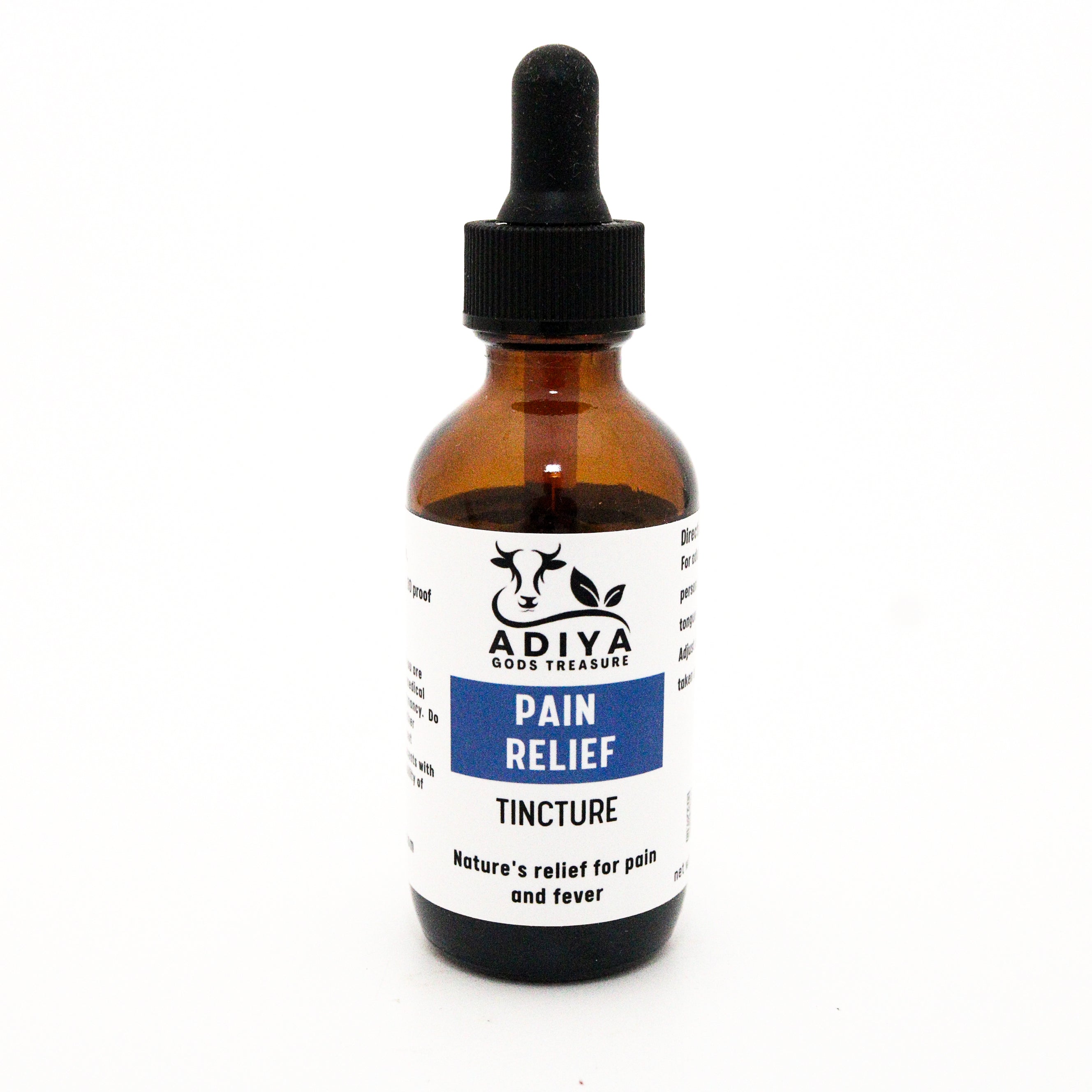 tincture bottle with dropper on white background with label pain relief