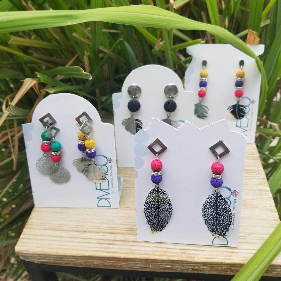Hand Crafted Stainless Steel & Lava Stone Earrings with Pin Back - The Mockingbird Apothecary & General Store